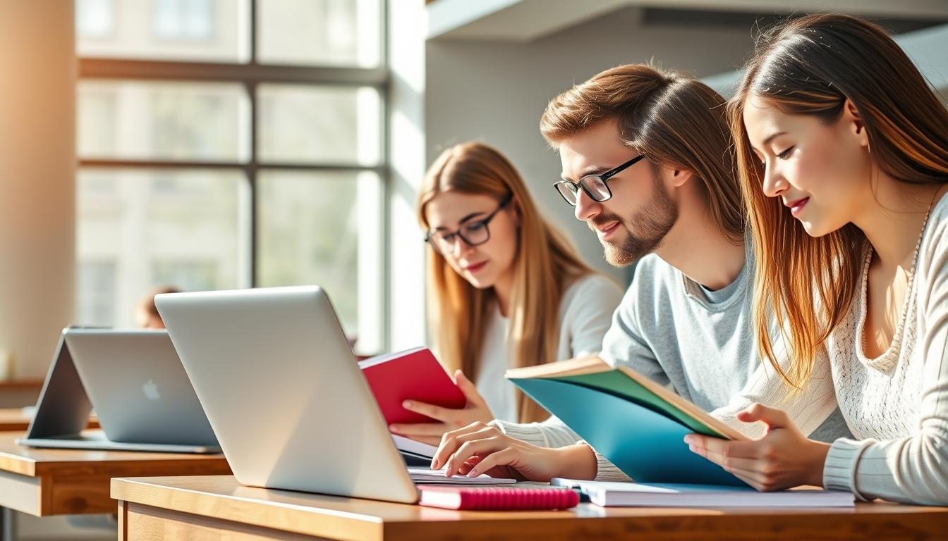 Students studying together in modern classroom